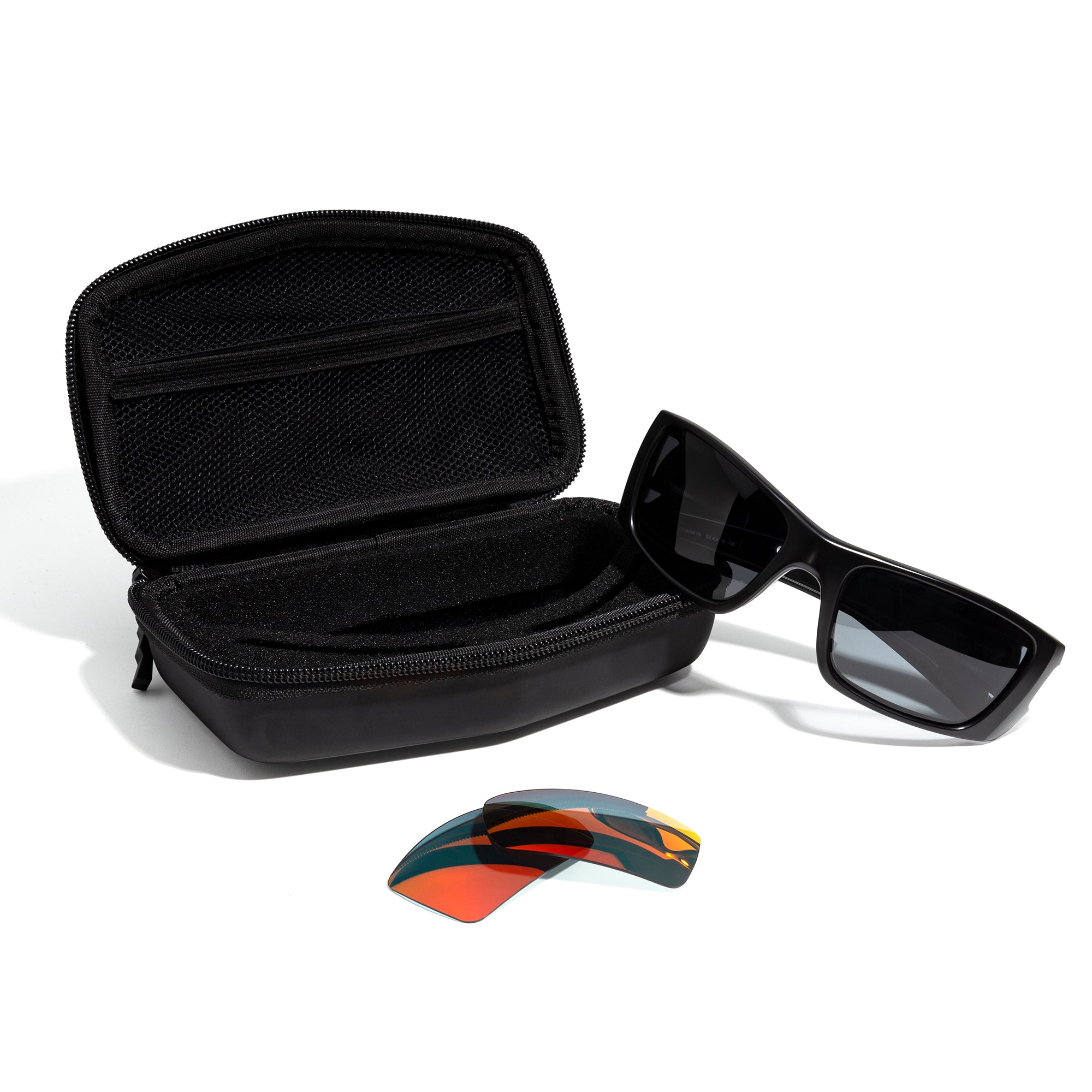 revant large sport sunglass case open with sunglasses and a pair of lenses around it