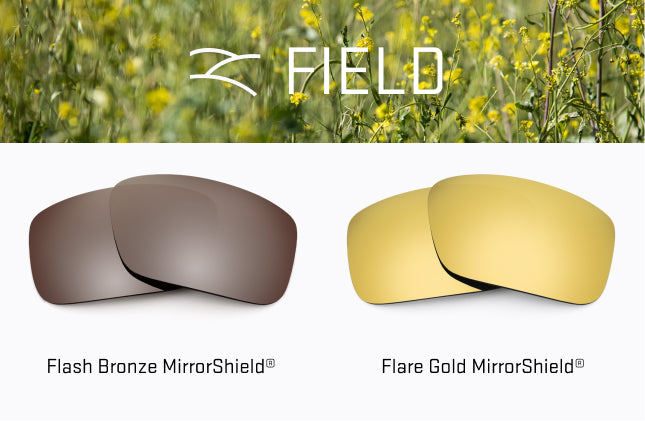 Infographic containing Two Flash Bronze with Mirrorshield lenses stacked on top of eachother on the left and two flare gold with mirrorshield lenses stacked on top of each-other on the right. 
