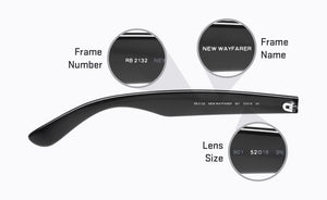 Sunglass frame arm showing Frame Number RB2132, Frame Name New Wayfarer, Lens Size 52