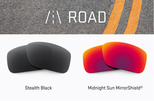 Two Stealth Black lenses stacked on top of each other on the left and two Midnight Sun with mirrorshield lenses stacked on top of each-other on the right.